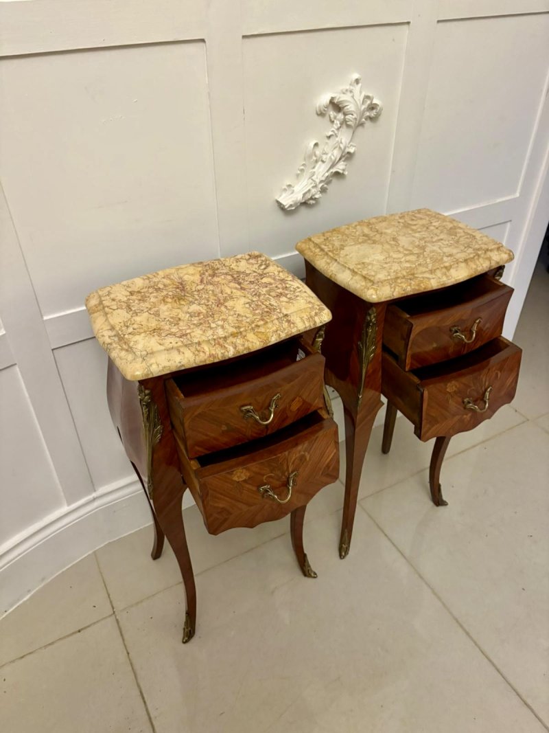 Exceptional Antique Pair of Louis XV Style Kingwood and Marble-Top Bedside Cabinets